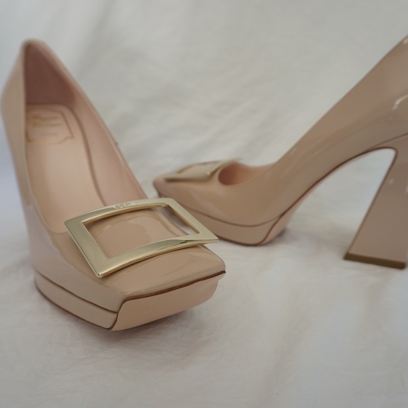 Roger Vivier Viv' Square Metal Buckle Platform Pumps in Patent Nude Leather - Picture 10 of 14